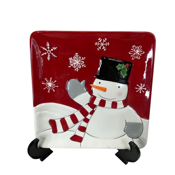 St. Nicholas Square Snowman Appetizer Plates Set Of 2 Red & White Ceramic - Picture 6 of 7